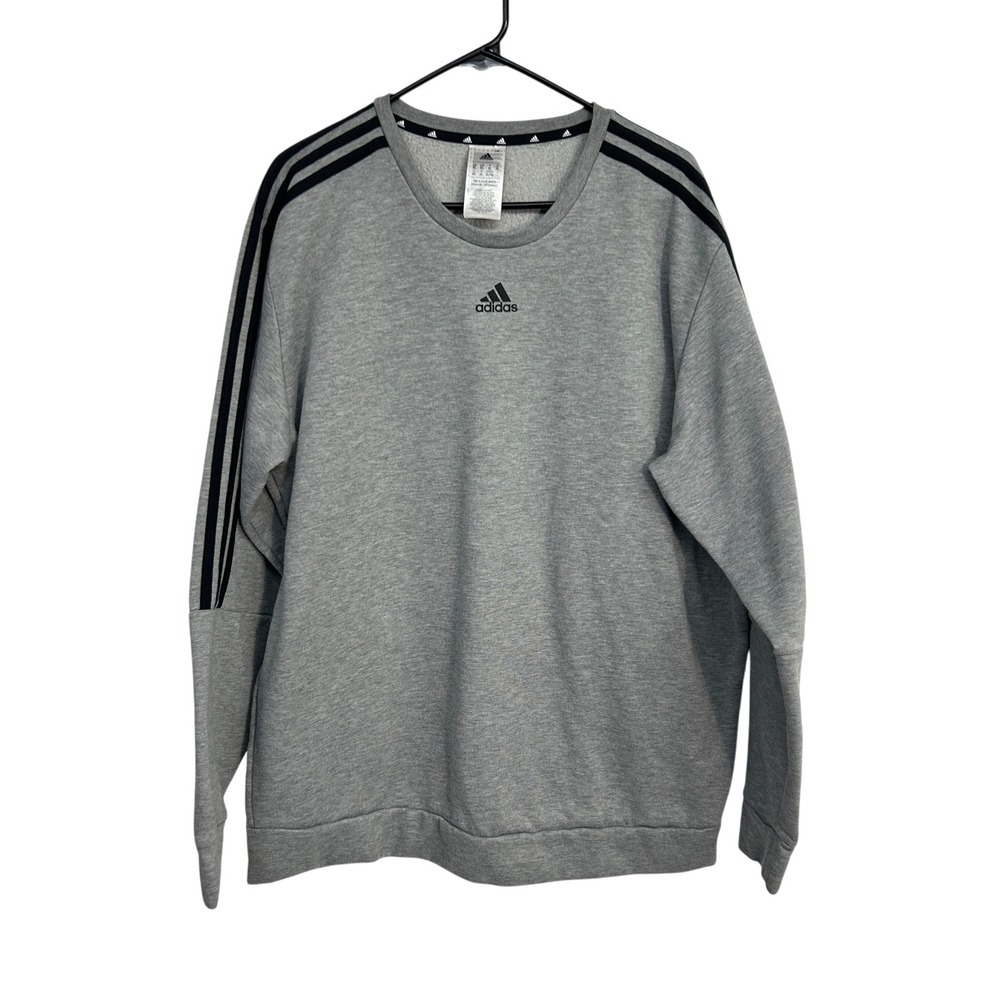 Adidas 3 Stripe Crewneck Sweatshirt XL Gray‎ Fleece Lined Athletic Pullover